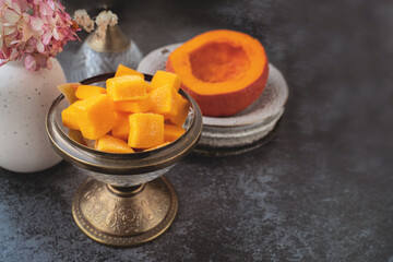 homemade marmalade, candied pumpkin. Processing of the harvest. Home cooking.
