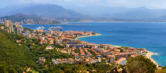 Aerial view of Ajaccio with cruise ship in the background, Corsica, France