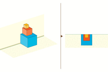 Box for mathematics and geometry. Boxes on top of each other. Volumes of boxes, view from above. Mathematics, geometry, physics, chemistry, science.
