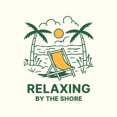 Vintage chair with beach scenery illustration for print. Relaxing by the shore.