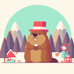 A flat vector illustration of the happy Groundhog Day holiday on February 2 with a cute groundhog waking up to greet spring. the concept of a national holiday, folk signs