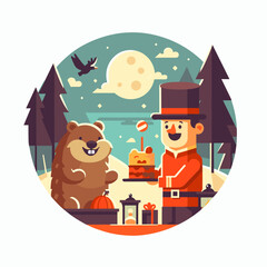 A flat vector illustration of the happy Groundhog Day holiday on February 2 with a cute groundhog waking up to greet spring. the concept of a national holiday, folk signs