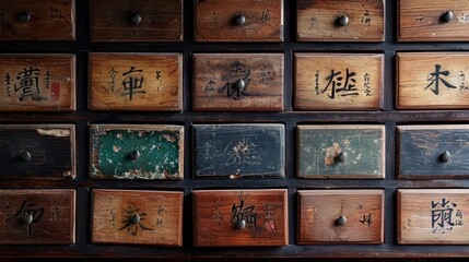 The essence of traditional Chinese herbal medicine with a background of old, wooden textured drawers