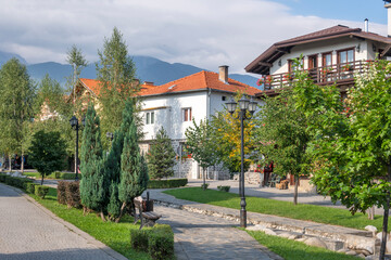 Typical street and buildings at old town of Bansko, Bulgaria