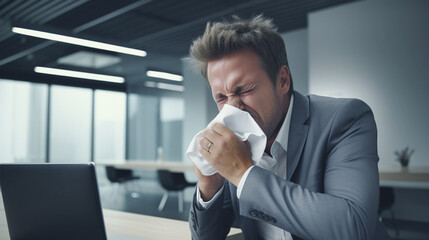 Sick businessman sneezing with nose napkins in office. Guy has a allergy runny nose while working in the office at the computer.  - obrazy, fototapety, plakaty