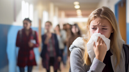 Ill schoolgirl sneezing with nose napkins in school hallway. 