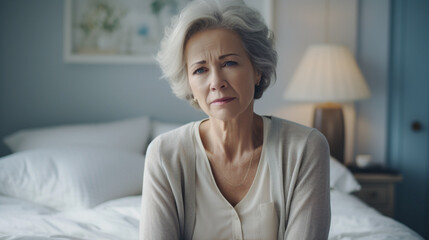 mature woman has headaches , senior female sitting on the bed in bedroom at home. Upset sad senior female feel unwell or stressed suffering from insomnia - obrazy, fototapety, plakaty