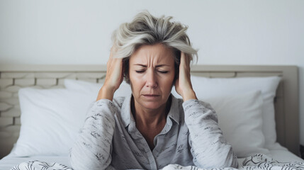 mature woman has headaches , senior female sitting on the bed in bedroom at home. Upset sad senior female feel unwell or stressed suffering from insomnia