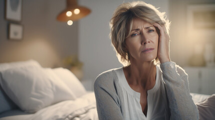 mature woman has headaches , senior female sitting on the bed in bedroom at home. Upset sad senior female feel unwell or stressed suffering from insomnia - Powered by Adobe