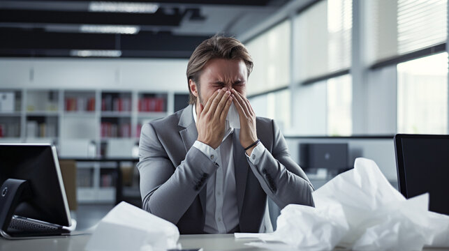 Sick businessman sneezing with nose napkins in office. Guy has a allergy runny nose while working in the office at the computer. 