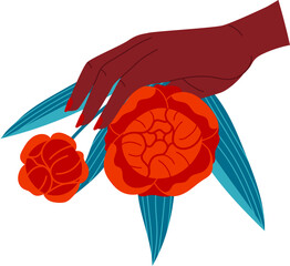 African American hand gently touching beautiful red flowers. Nature appreciation and delicate human interaction vector illustration.