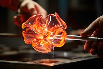 Glowing molten glass flower being shaped with a blowing tube.