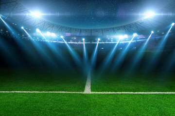 Modern football stadium with green lawn and blue spotlight. Soccer background. Football champions - obrazy, fototapety, plakaty