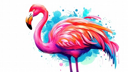 Flamingo bird, rainbow vibrant colorsplash, watercolor style white background. Generate AI