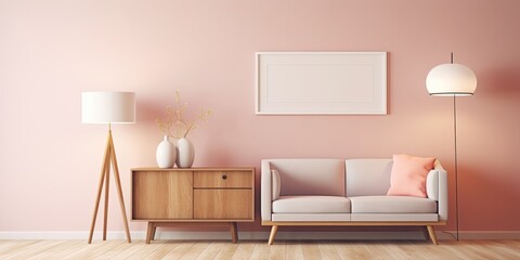 Retro living room with brown sofa, pink lamp, and white table on a rug near grey cabinet.