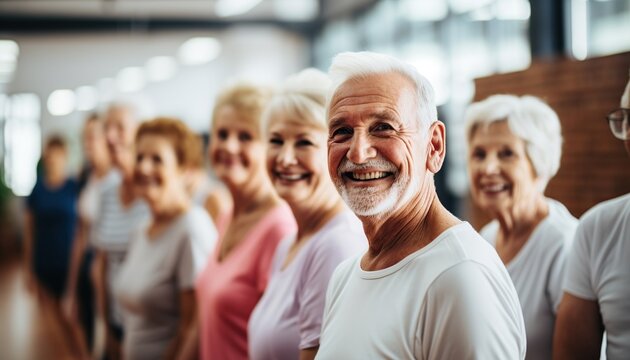 Ancianos haciendo ejercicios de estiramiento juntos en un centro de jubilados. 
Ancianos y ancianas haciendo ejercicio en una residencia de ancianos durante el ejercicio diario.
