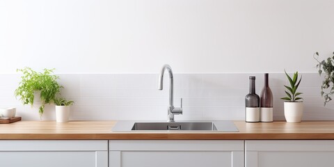 Fototapeta na wymiar Modern, stylish, and minimalistic kitchen with a white countertop, sink faucet, electric kettle, and glass apron.