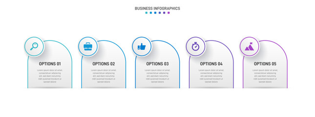 Timeline infographic with infochart. Modern presentation template with 5 spets for business process. Website template on white background for concept modern design. Horizontal layout.