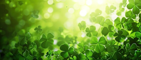 Green clover leaves with dew drops.  Green clover leaves in sunlight. St. Patrick's Day background. St. Patrick's Day background with shamrocks and bokeh. Saint Patrick's Day Concept with Copy Space. - obrazy, fototapety, plakaty