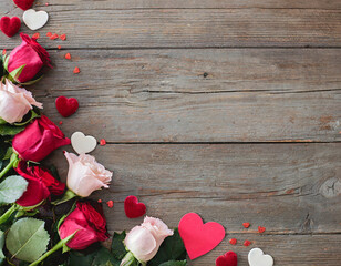 A Valentine's Day flat lay with hearts, a gift, and rose or petals with a blank, wood background with plenty of copy space.