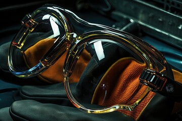 Protective goggles with amber tint and black strap.