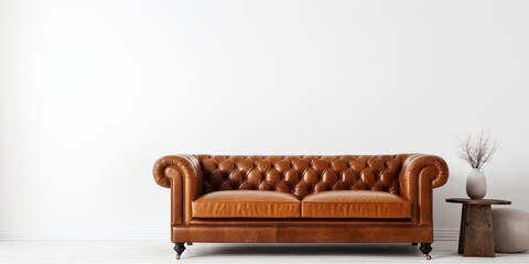 Luxurious white background with a brown leather sofa - obrazy, fototapety, plakaty
