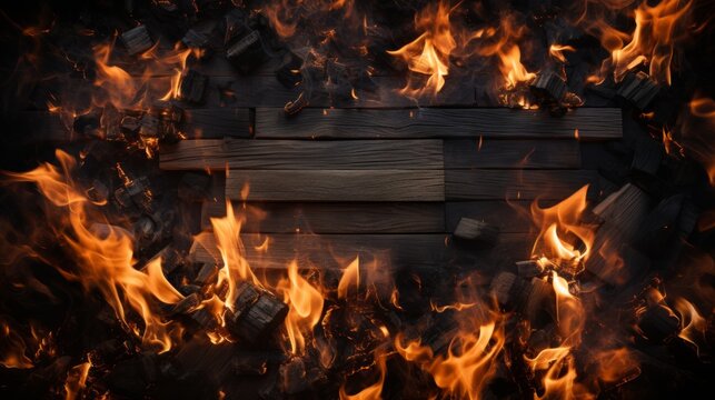 Burning wood and fire on a dark background. Place for text.