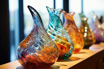Elegant glass vases with colorful swirls by a window display.