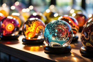 Artistic glass orbs on display with vibrant swirls. - obrazy, fototapety, plakaty