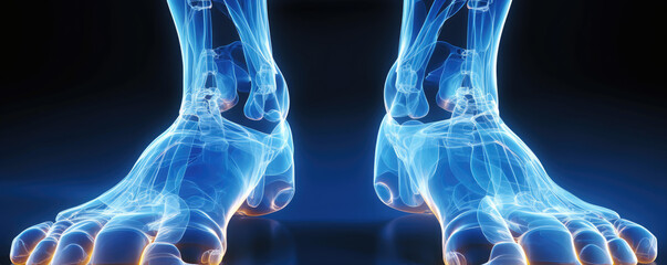 Feet X ray illustration, bones foot painful joints on black background. - obrazy, fototapety, plakaty