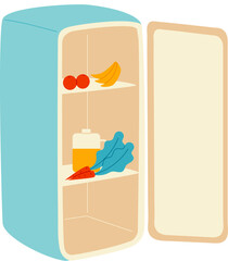 Open refrigerator with few items on shelves. Vector art of empty fridge with a bottle, produce. Kitchen appliance with minimal food storage vector illustration.