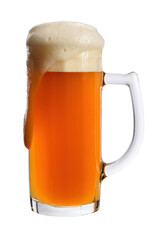 a tall glass with a handle of fresh, cool wheat beer with a flowing foam cap. isolate on white background