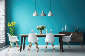  Modern dining room interior design with blue wall.