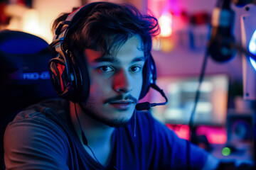 Young online streamer man, playing online games. Generative AI- - 705947851