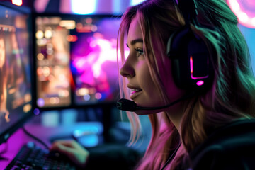 Cute young woman playing online video games and streaming online with a headset. Generative AI. - 705947861