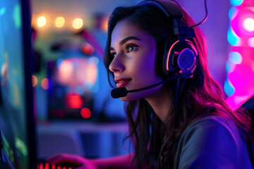Cute young woman playing online video games and streaming online with a headset. Generative AI. - 705947869