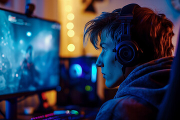 Young teenager boy playing computer games wearing a headset. Generative AI. - 705947875