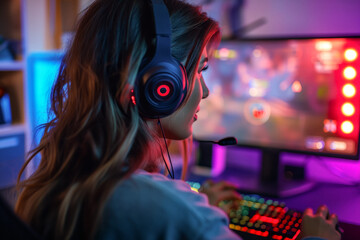 Cute young woman playing online video games and streaming online with a headset. Generative AI. - 705947881