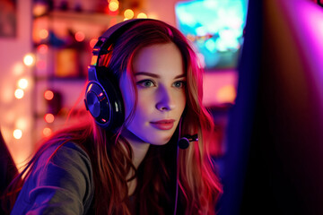 Cute young woman playing online video games and streaming online with a headset. Generative AI. - 705947883