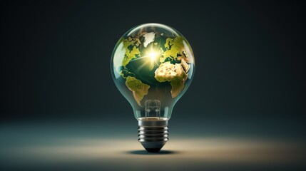 Light Bulb with Green Earth Map for Sustainable eco friendly renewable energy Innovation.Generate AI
