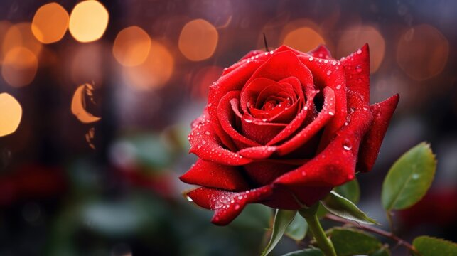 Close up of beautiful red rose flower with blur bokeh background. Generate AI image