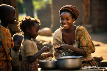African woman and children preparing food on the street - obrazy, fototapety, plakaty