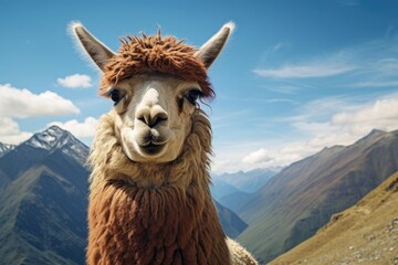 Portrait of alpaca llama in the mountains against the blue sky