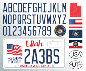 Utah car license plate pattern, letters, numbers and symbols, vector illustration, USA, United States of America - obrazy, fototapety, plakaty