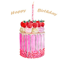  Watercolor hand painted illustration of  birthday cake with candle, strawberry cream cake, dessert, watercolor food illustration, birthday card 
