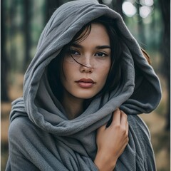 Closeup of Woman Wearing a Hooded Blanket