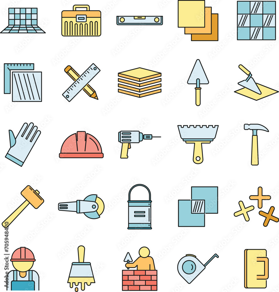 Poster tiler worker icons set. outline set of tiler worker vector icons thin line color flat on white