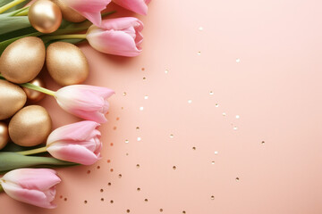 Fototapeta na wymiar Easter background of golden eggs and pink tulip flowers on pink. Religion tradition pattern. View from above. Flat lay style. Greeting card.