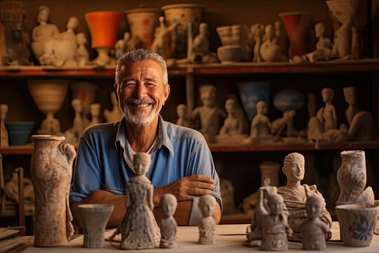 Joyful senior artist with ceramic pieces and sculptures in a pottery studio