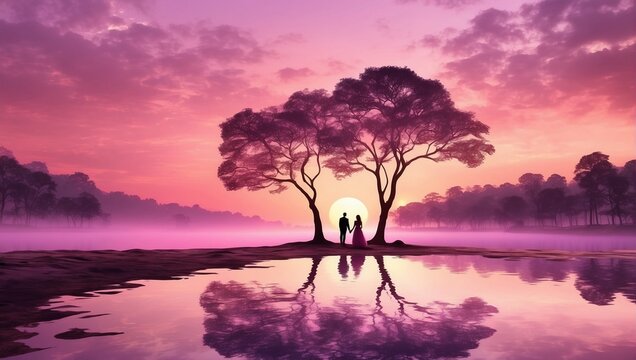 Valentine's Day. A romantic sunset where the sky is painted in shades of pink and purple and the silhouettes of trees create a dreamy atmosphere